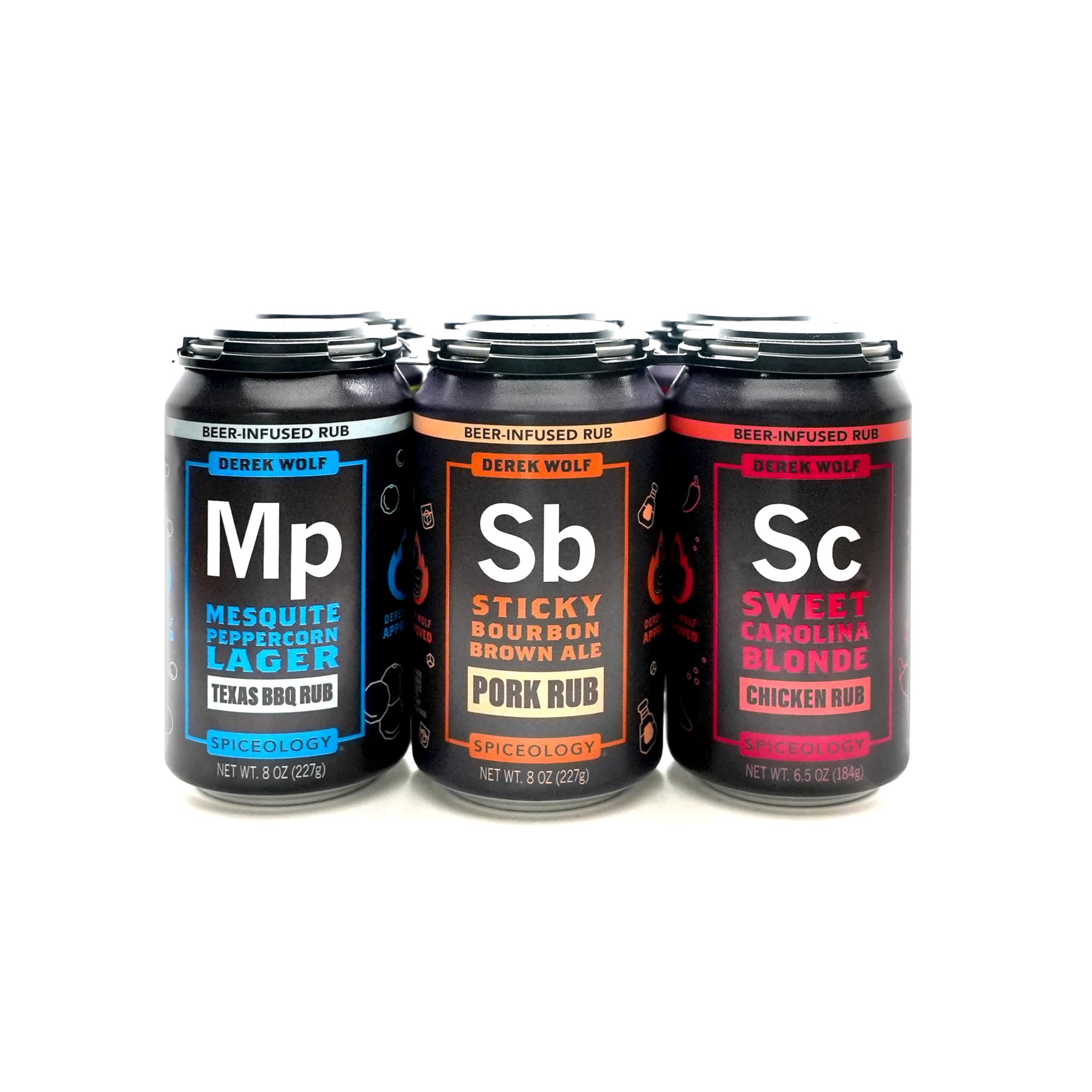 Spiceology - Derek Wolf 6-Pack Beer-Infused BBQ Rub Set - Garlic Chile Lager, Jalapeño Lime Pilsner, Sweet Carolina Blonde, Sticky Bourbon Brown Ale
