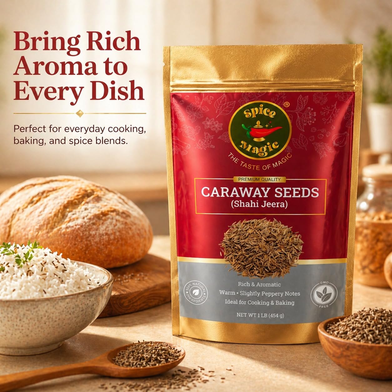Spice Magic Caraway Seeds 1 lb (454 g) | 100% Natural, Non-GMO, Vegan | Fresh & Aromatic Spice for Pickles, Sauces, Rye Bread Baking, Cooking