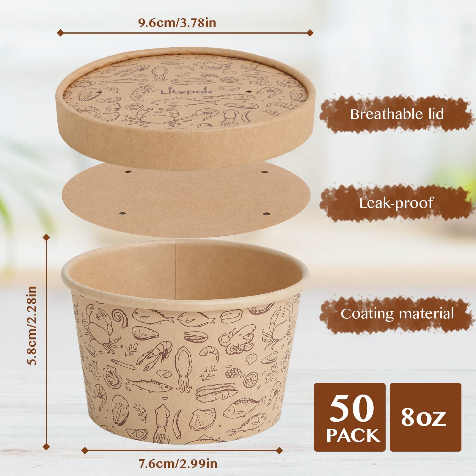 LITOPAK 50 Pack 8 oz Paper Containers with Vented Lids, Kraft Paper Food Cups, Soup Containers Cups with Lids, Disposable Bowls for Hot Soup