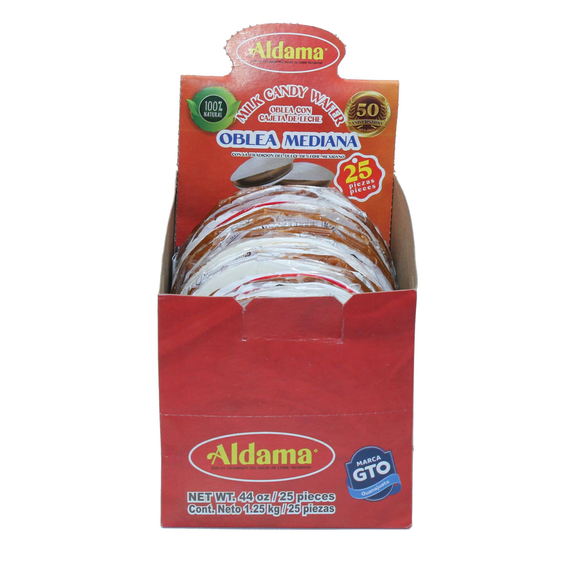Aldama Milk Candy Wafer, Oblea Mediana with Cajeta de Leche, 100% Natural, 44 oz, 25 Pieces
