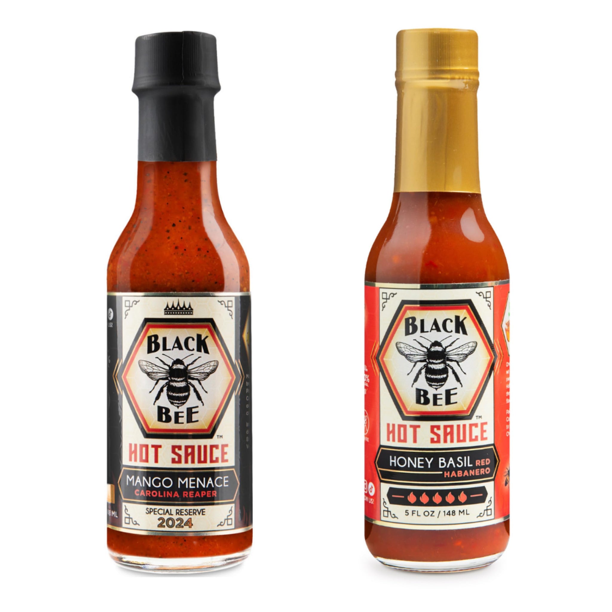 Black Bee The Stinger Combo Hot Sauce Gift Set (2 Pack) - Mango Menace Carolina Reaper & Honey Basil Red Habanero - Extreme Heat Artisan Hot Sauce