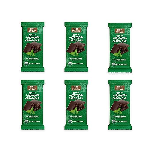 Missy J's Organic Carob Dark Delights Unsweetened Mint Candy Bar 3 Oz 6 Pack | Keto, Vegan and Gluten-Free | Healthy Caffeine Free Substitute