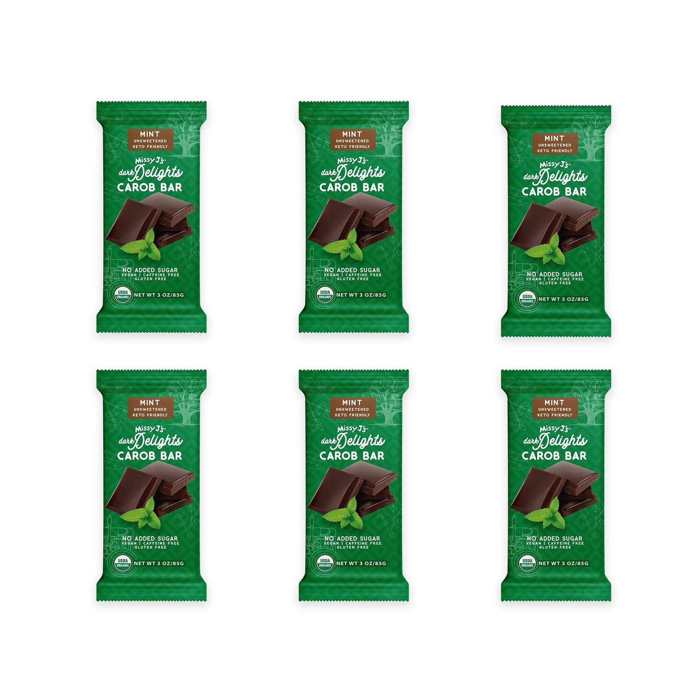 Missy J's Organic Carob Dark Delights Unsweetened Mint Candy Bar 3 Oz 6 Pack | Keto, Vegan and Gluten-Free | Healthy Caffeine Free Substitute