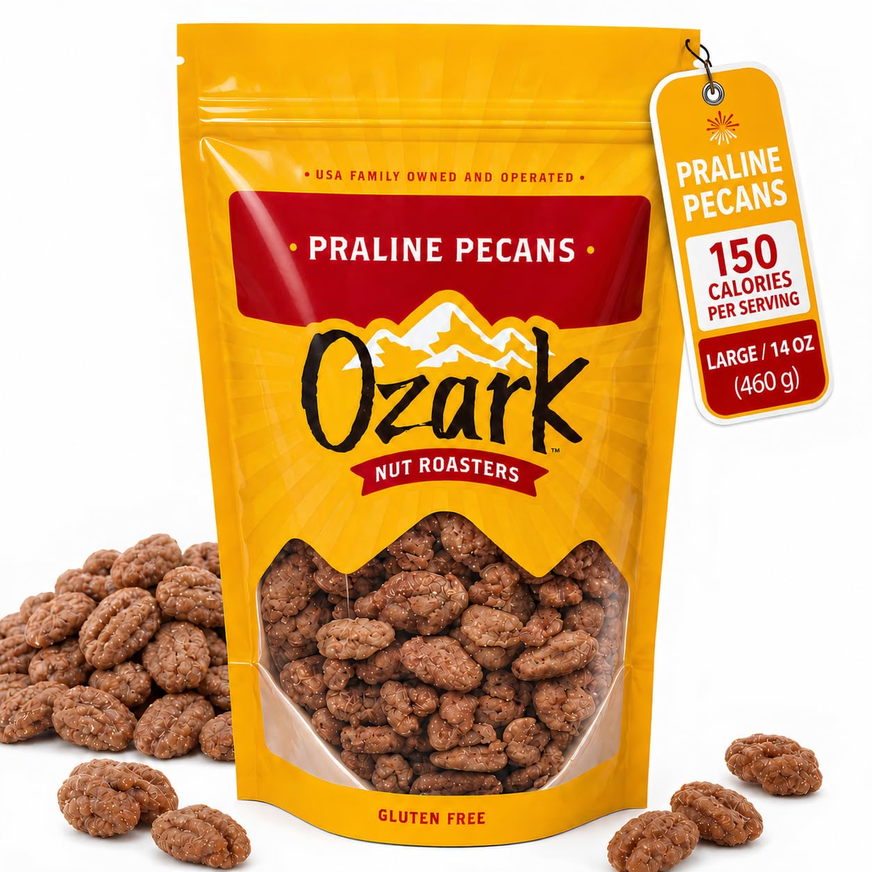 OZARK NUT ROASTERS, Praline Pecans, Sweet & Creamy French-Inspired Gourmet Snacks, World-Class Gourmet Candied Nuts, Resealable Pack (14 oz)