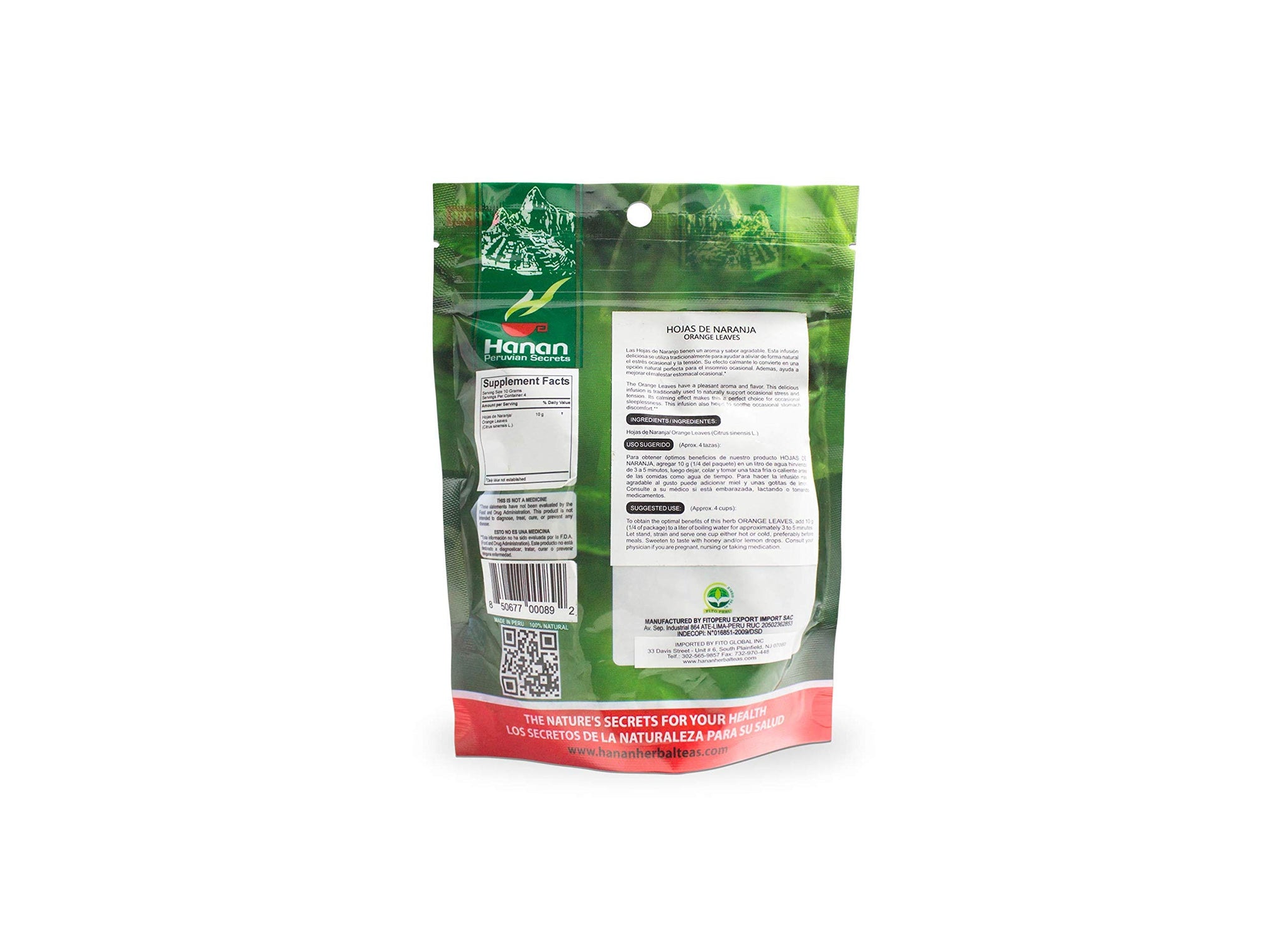Hanan Peruvian Secrets Hojas De Naranja Herbal Tea | 100% Natural Orange Leaves | 1.41oz / 40g Loose Leaf Bag | Naturally Reduces Occasional Stress