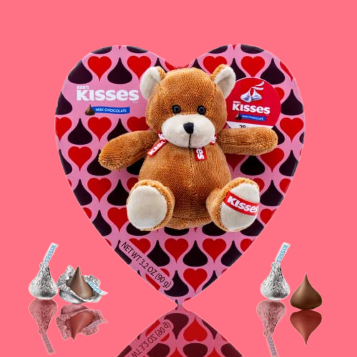 Hershey Kisses Chocolate Heart Box with Brown Bear Stuffed Animal, Individually Wrapped Candies, Valentines Gift