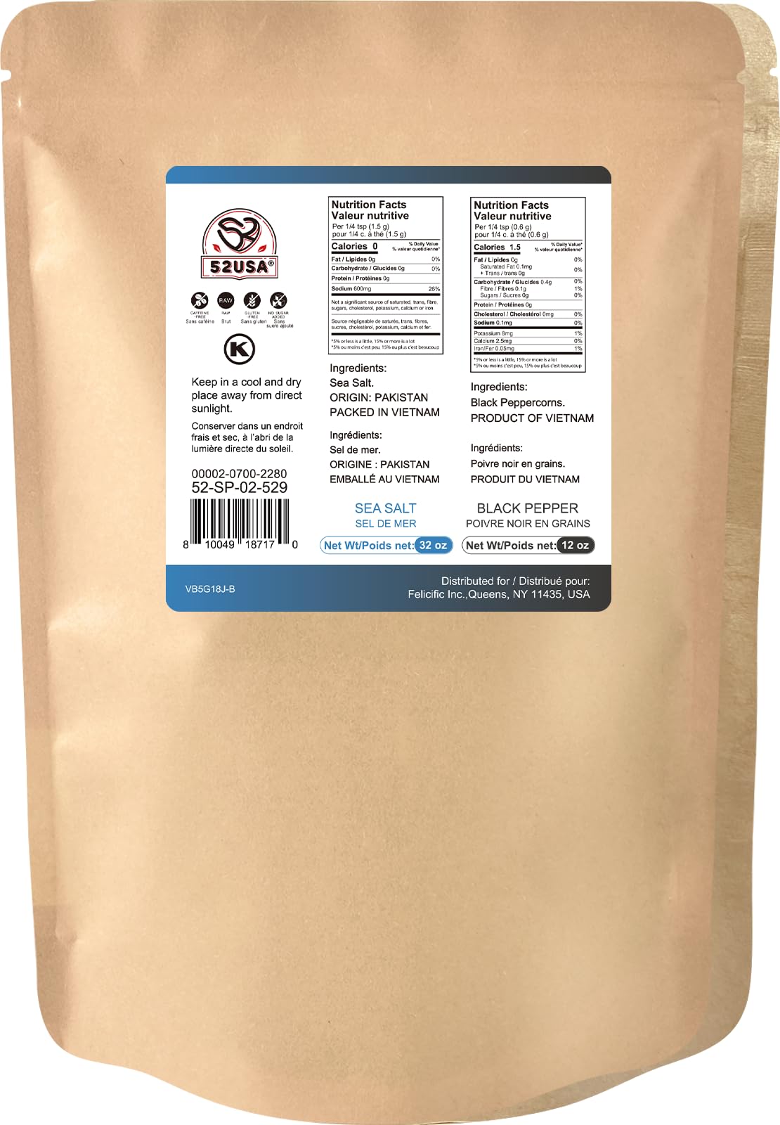 52USA Black Peppercorns 12 oz and Coarse Sea Salt 2 lbs, Salt and Pepper for Grinder Refill, Whole Peppercorns