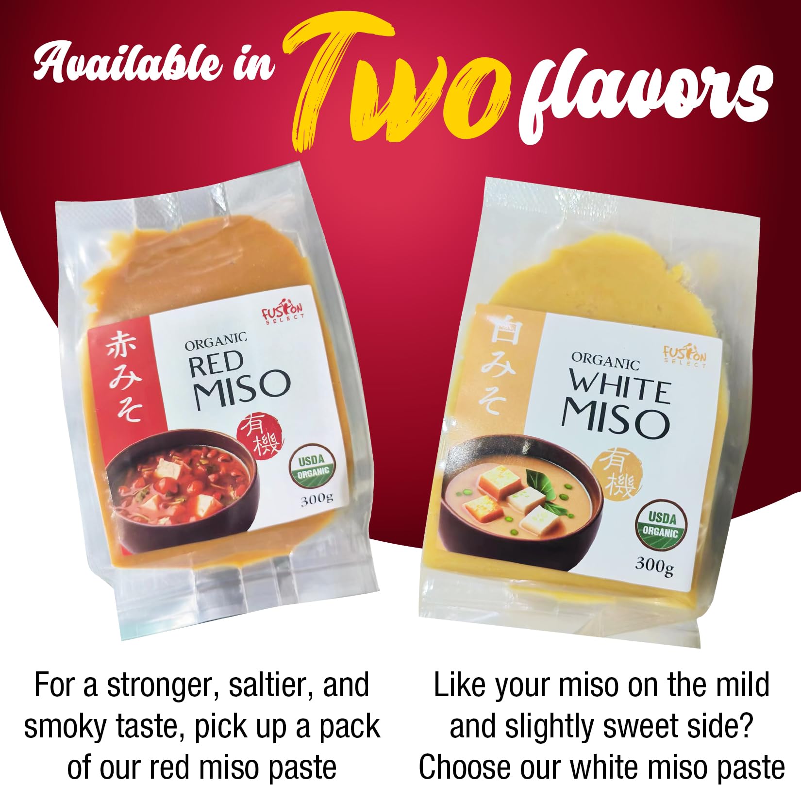 Fusion Select Organic Red Miso Paste - Made of Fermented Soy Bean & Rice - Savory Japanese Seasoning For Cooking Soup Base, Broth, Stew, Salad