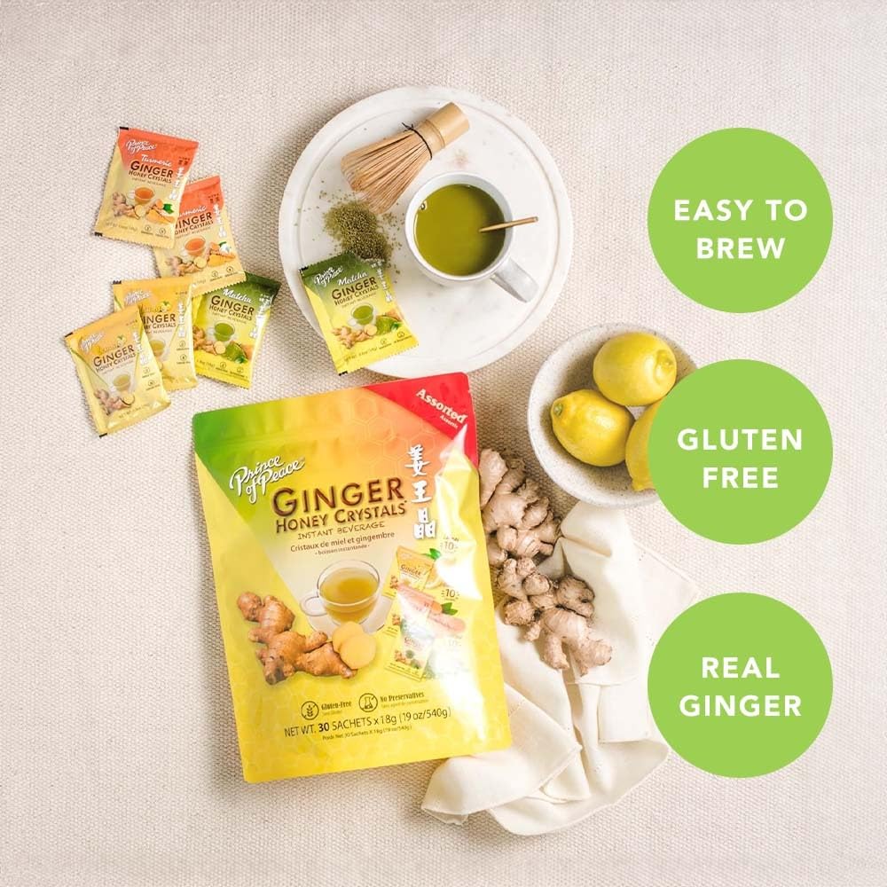 Prince of Peace Instant Ginger Honey Crystals Assorted, 30 Sachets - Instant Hot or Cold Beverage that Soothes Throat - Easy to Brew - Drink Like a