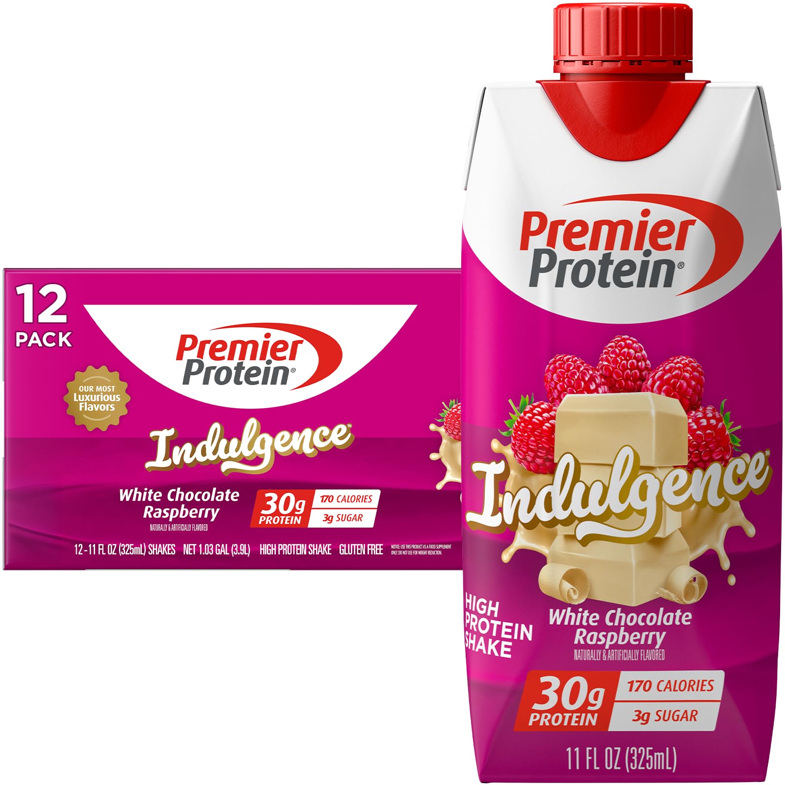 Premier Protein Shake INDULGENCE, White Chocolate Raspberry, 30g Protein, 170 Calories, 3g Sugar, 11 fl oz, 12 Pack