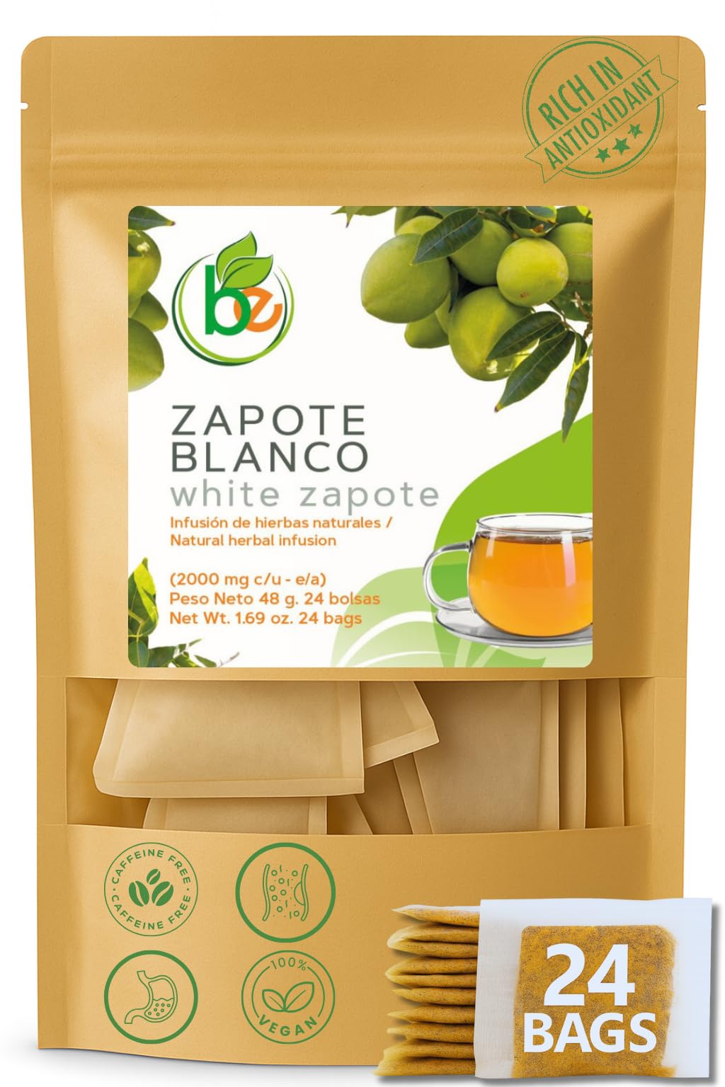 Zapote Blanco Herbal Tea (24 Tea Bags) - 2000mg per Bag - 100% Natural White Sapote Leaves from Mexico - Traditional Mexican Infusion - Caffeine-Free
