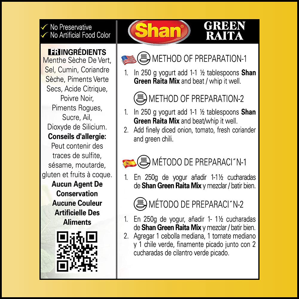 Shan Green Raita Recipe and Seasoning Mix 1.41 oz (40g) - Mint, Green Chili and Spice Seasoning Powder for Yogurt - Suitable for Vegetarians