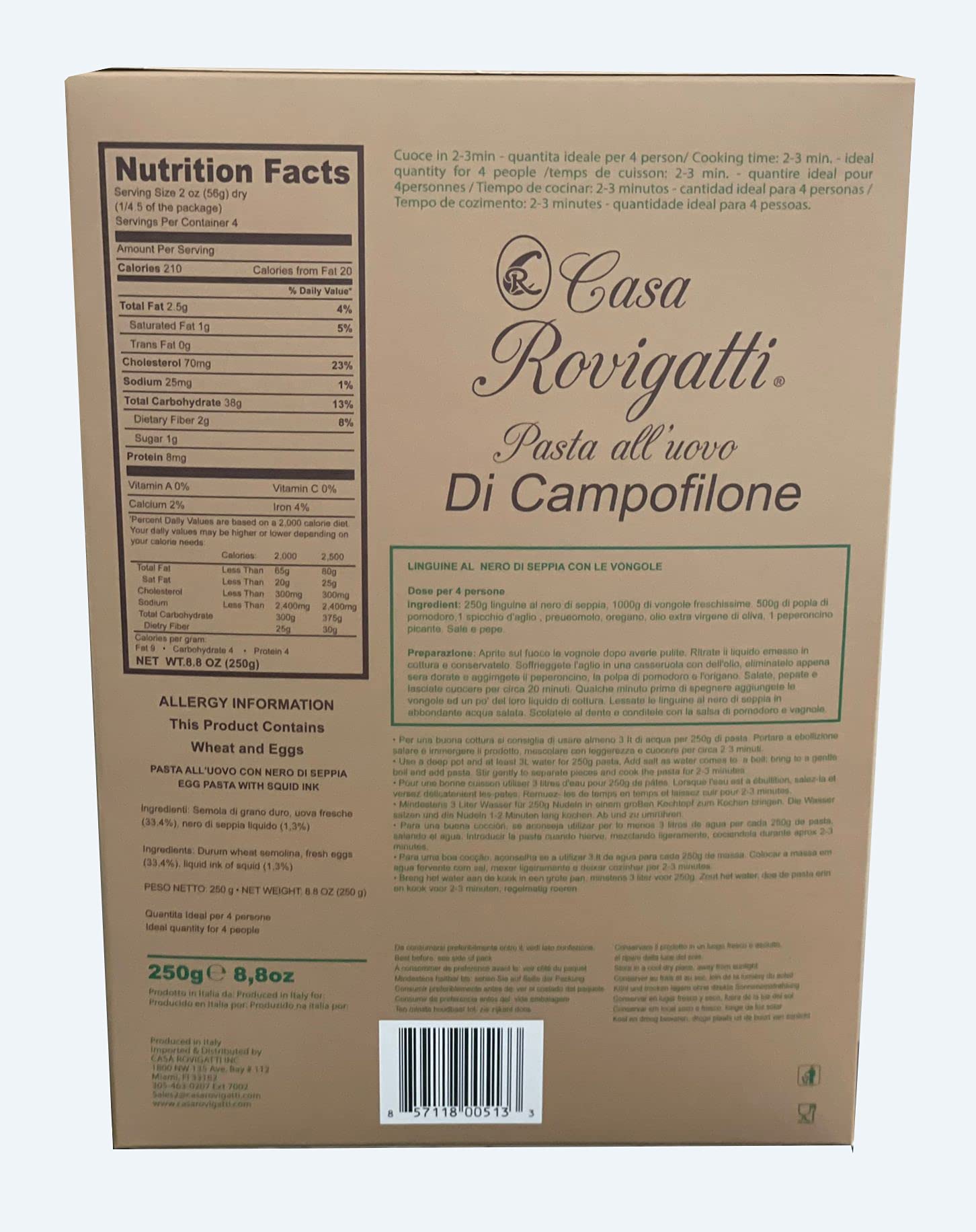 Linguine with Ink of Squid (Pack of 4) - Italian Linguine Al Nero Di Seppia Pasta From the Region of Di Campofilone- Imported Italian Egg Pasta- 8.8