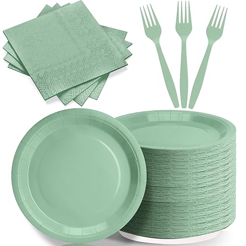 CENLBJ Sage Green Paper Plates Party Decorations, Include 7’’ Disposable Sage Green Paper Dessert Plate and Napkins Forks Party Supplies for Birthday