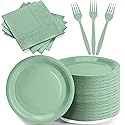 CENLBJ Sage Green Paper Plates Party Decorations, Include 7’’ Disposable Sage Green Paper Dessert Plate and Napkins Forks Party Supplies for Birthday