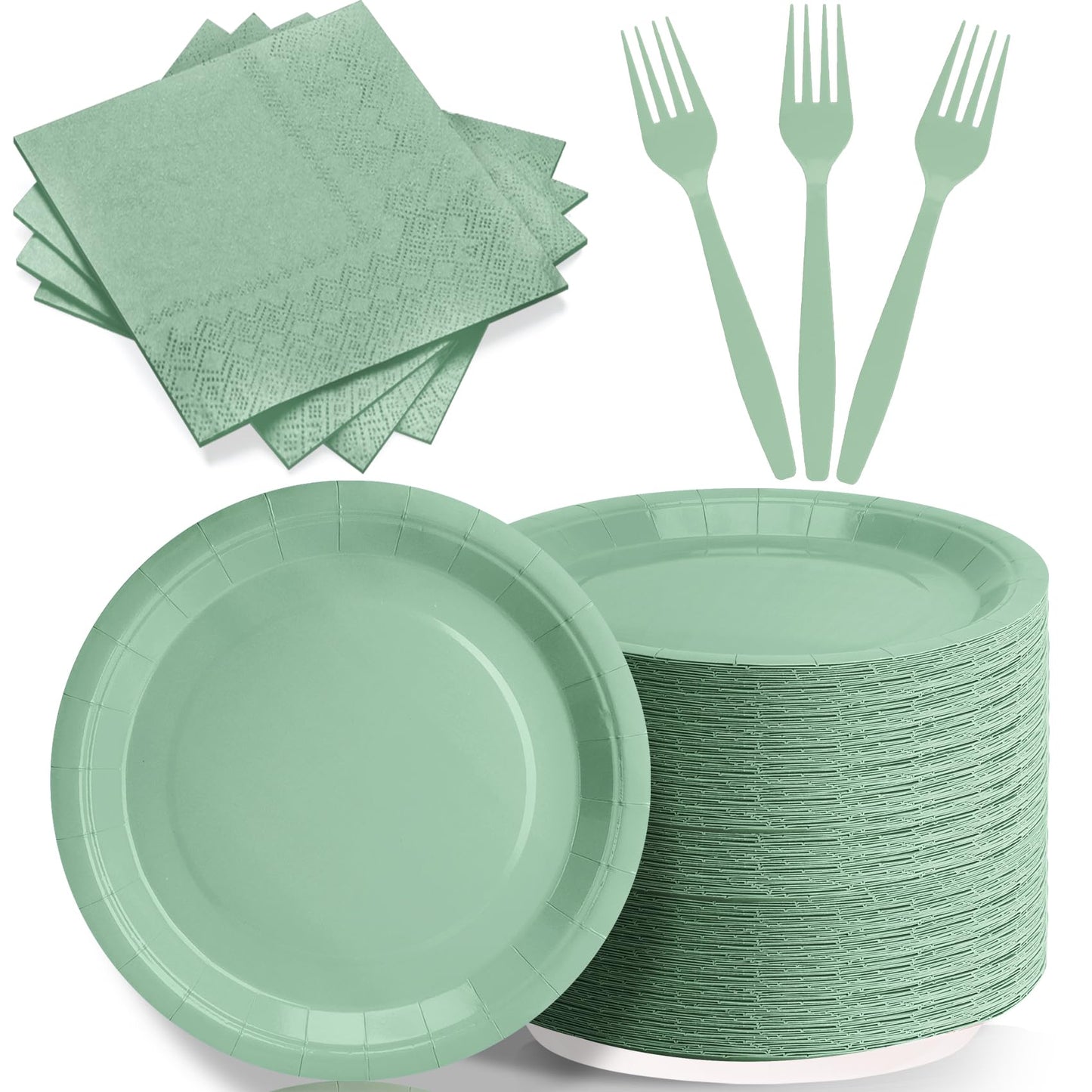 CENLBJ Sage Green Paper Plates Party Decorations, Include 7’’ Disposable Sage Green Paper Dessert Plate and Napkins Forks Party Supplies for Birthday