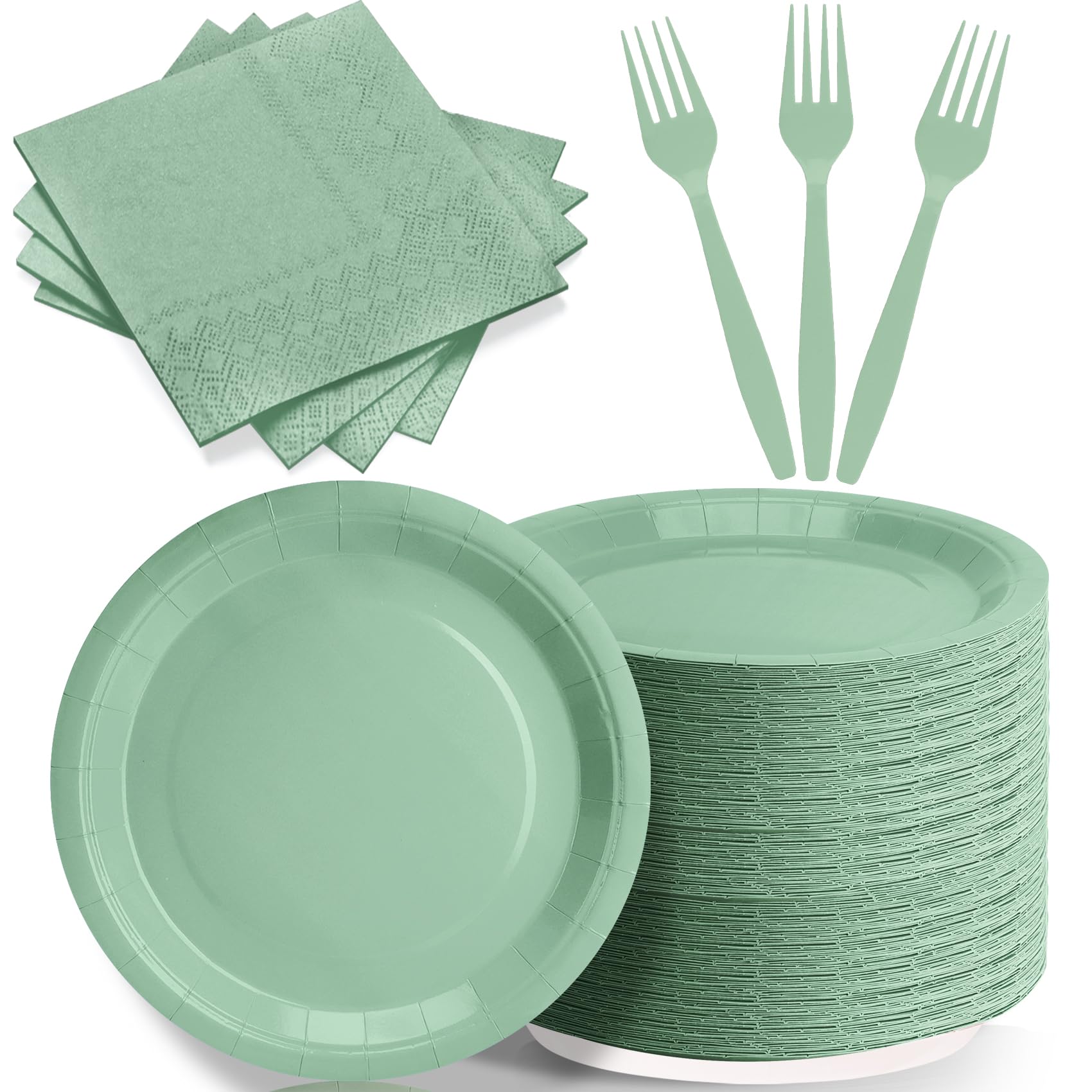 CENLBJ Sage Green Paper Plates Party Decorations, Include 7’’ Disposable Sage Green Paper Dessert Plate and Napkins Forks Party Supplies for Birthday
