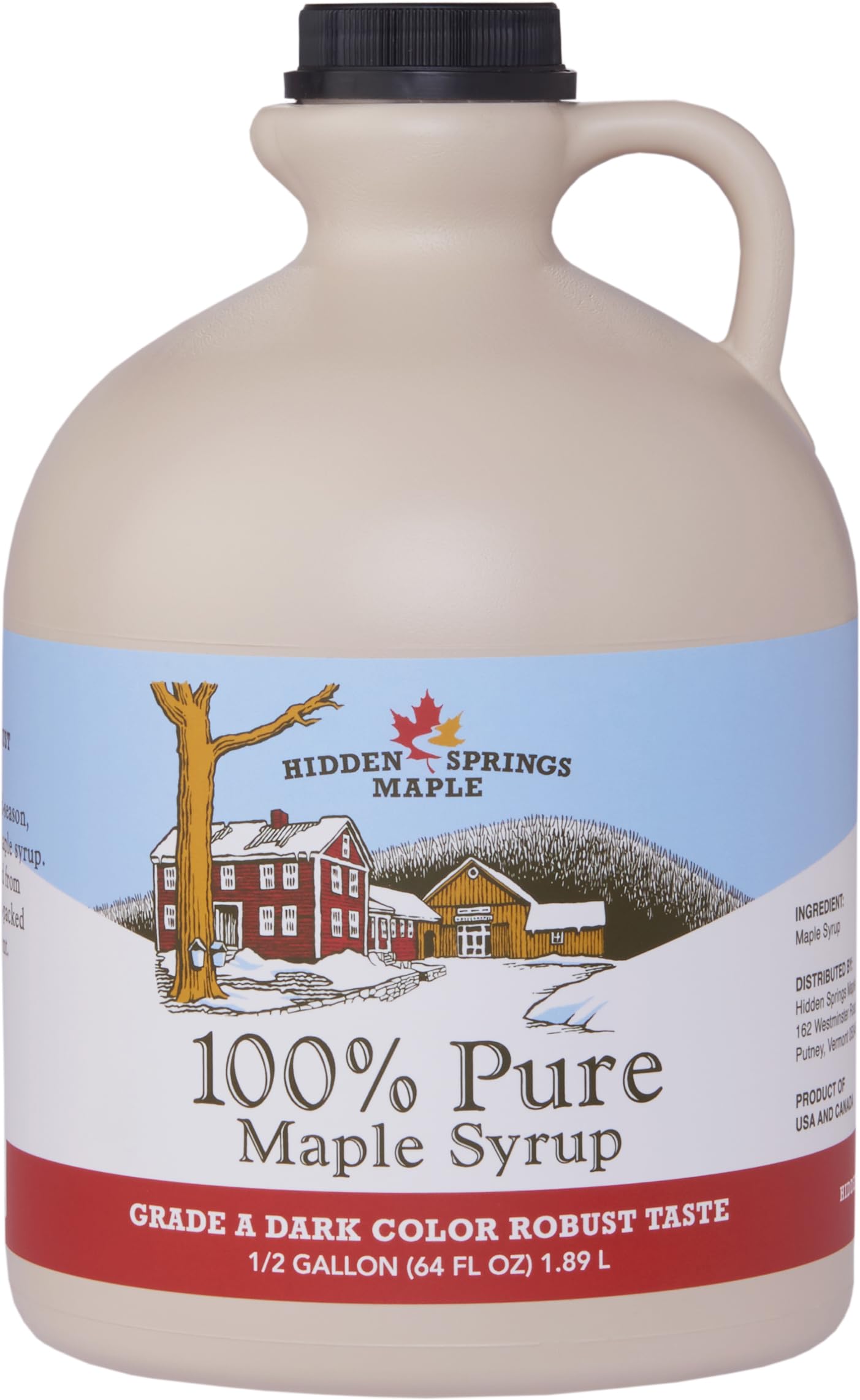 Hidden Springs Maple Dark Half Gallon 100% Pure Maple Syrup USA/CAN, BPA-free Jug