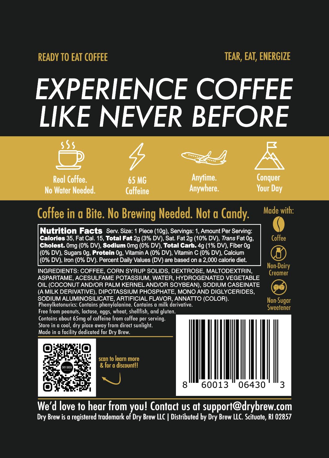 Dry Brew Coffee in a Bite, Chewy Ready to Eat, 65mg Caffeine each, Non-dairy Creamer - 15 Bites
