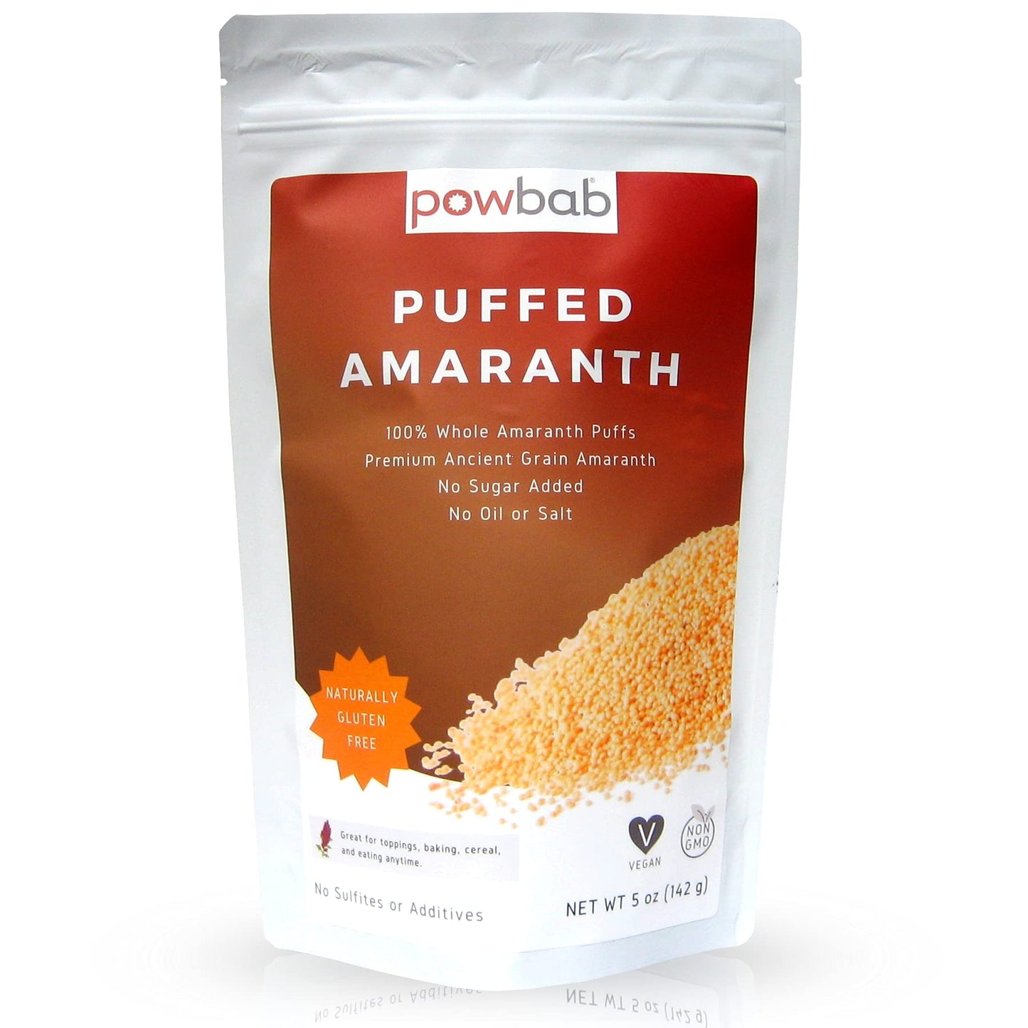 powbab Puffed Amaranth - 100% Organic Amaranth Popped in USA Whole Puffs. Good Protein Source, No Oil or Salt, No Sugar Added, Unsweetened Cereal