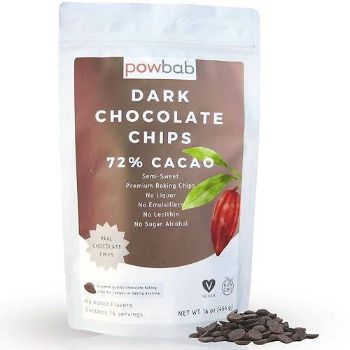 powbab Dark Chocolate Chips - 72% Cacao Organic Semi Sweet Chocolate Chips for Baking. Mini Dark Chocolate Chips for Baking and Snacks. No Liquor, No Lecithin, No Sugar Alcohol, Non-GMO (16 oz)