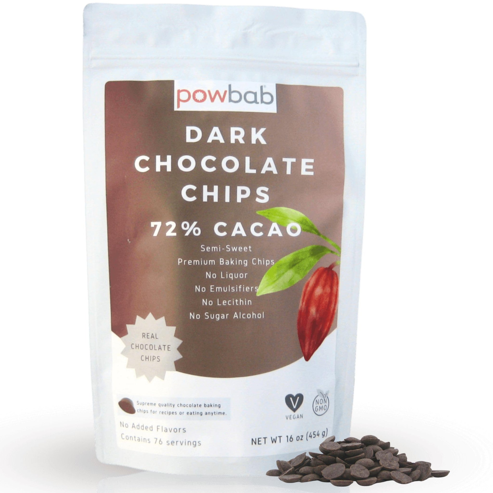 powbab Dark Chocolate Chips - 72% Cacao Organic Semi Sweet Chocolate Chips for Baking. Mini Dark Chocolate Chips for Baking and Snacks. No Liquor, No Lecithin, No Sugar Alcohol, Non-GMO (16 oz)