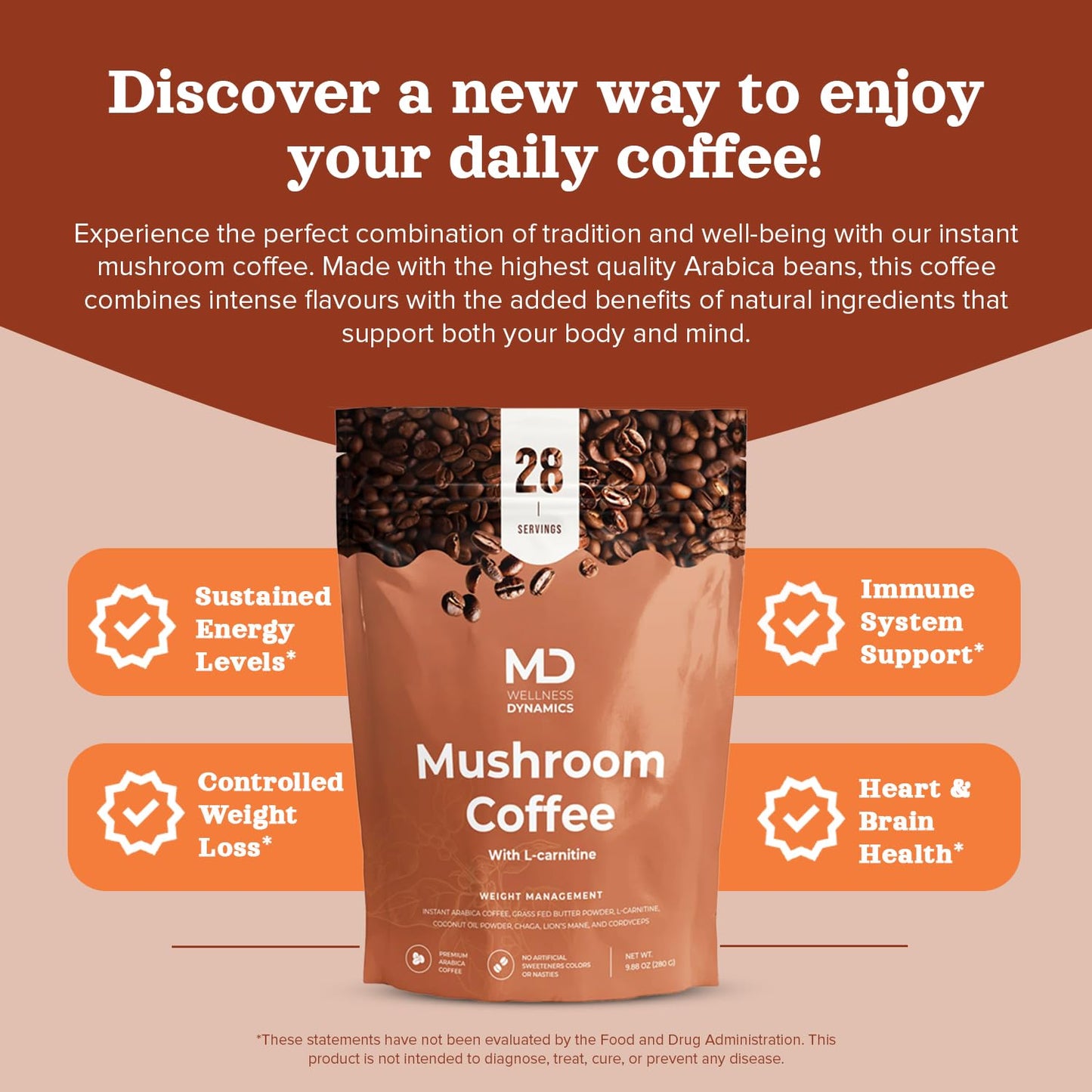 md wellness dynamics Mushroom Coffee with L Carnitine, Coconut Oil, & Grass Feed Butter - Lion’s Mane Reishi Chaga Cordyceps Smooth Energy Metabolism