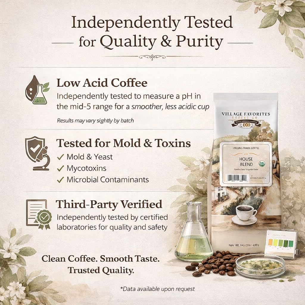 Village Favorites Low Acid Coffee - Mold-Free House Blend, 100% Arabica, Slow Roasted Medium Roast, Smooth & Stomach Friendly, Ground, 1LB (16oz) Bag