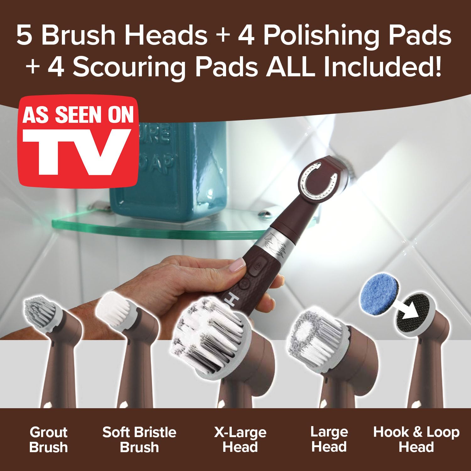 Horsepower Pocket Pony 5 Piece Refill Brush Head Set, AS SEEN ON TV, Includes Grout Brush, Soft Bristle Brush, X-Large Head, Large Head, Hook & Loop