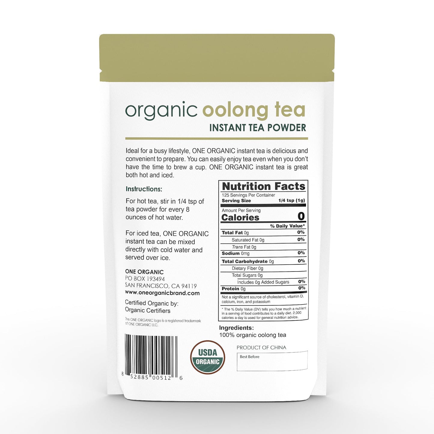ONE ORGANIC Instant Oolong Tea Powder 4.4 oz. 125 Servings USDA Organic 100% Pure Tea - Instant Hot or Iced Unsweetened