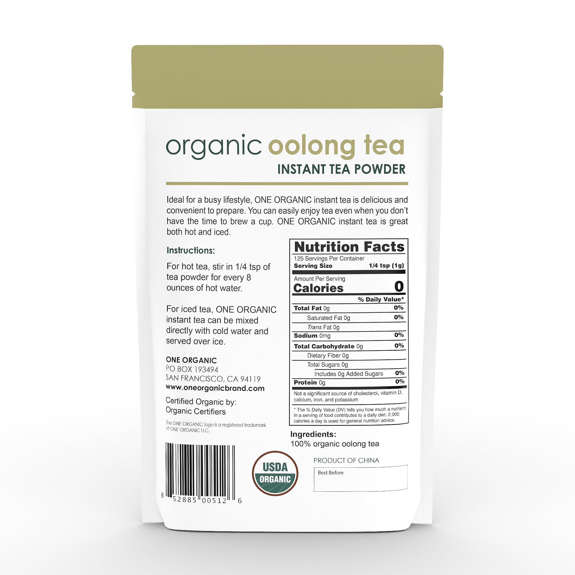 ONE ORGANIC Instant Oolong Tea Powder 4.4 oz. 125 Servings USDA Organic 100% Pure Tea - Instant Hot or Iced Unsweetened