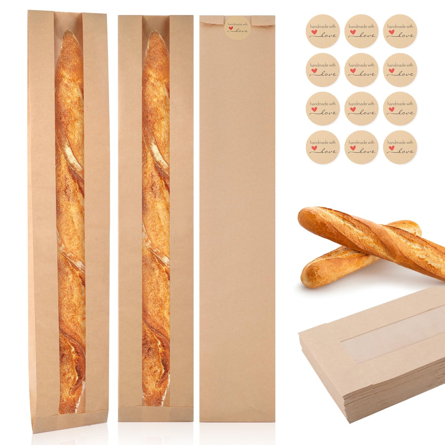Bakbania 50 Pack Baguette Bags with Stickers Paper Bread Loaf Packing Bags with Window for Homemade Bread