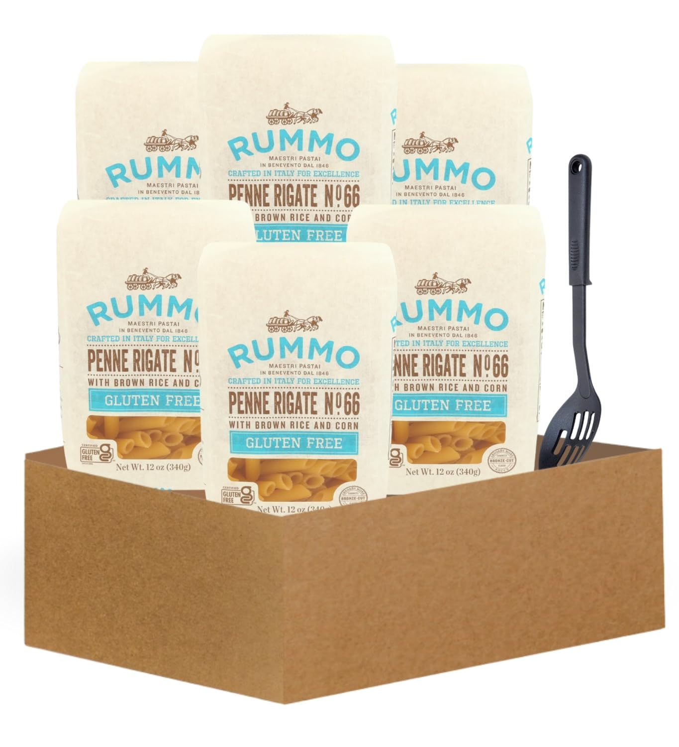 Penne Pasta - 6x Pasta Penne Rigate, 12oz Bundle with Slotted Spoon - Gluten Italian-pasta with sauce-holding texture and non-stick safe utensil