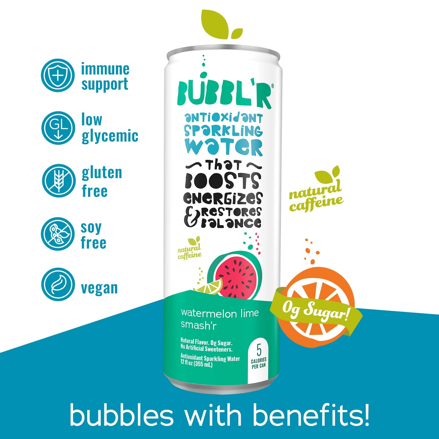 BUBBL’R watermelon lime smash’r, Antioxidant Sparkling Water with Natural Caffeine, 0g Sugar, Gluten Free, All Natural Flavors, 12 Fl Oz Cans, 12