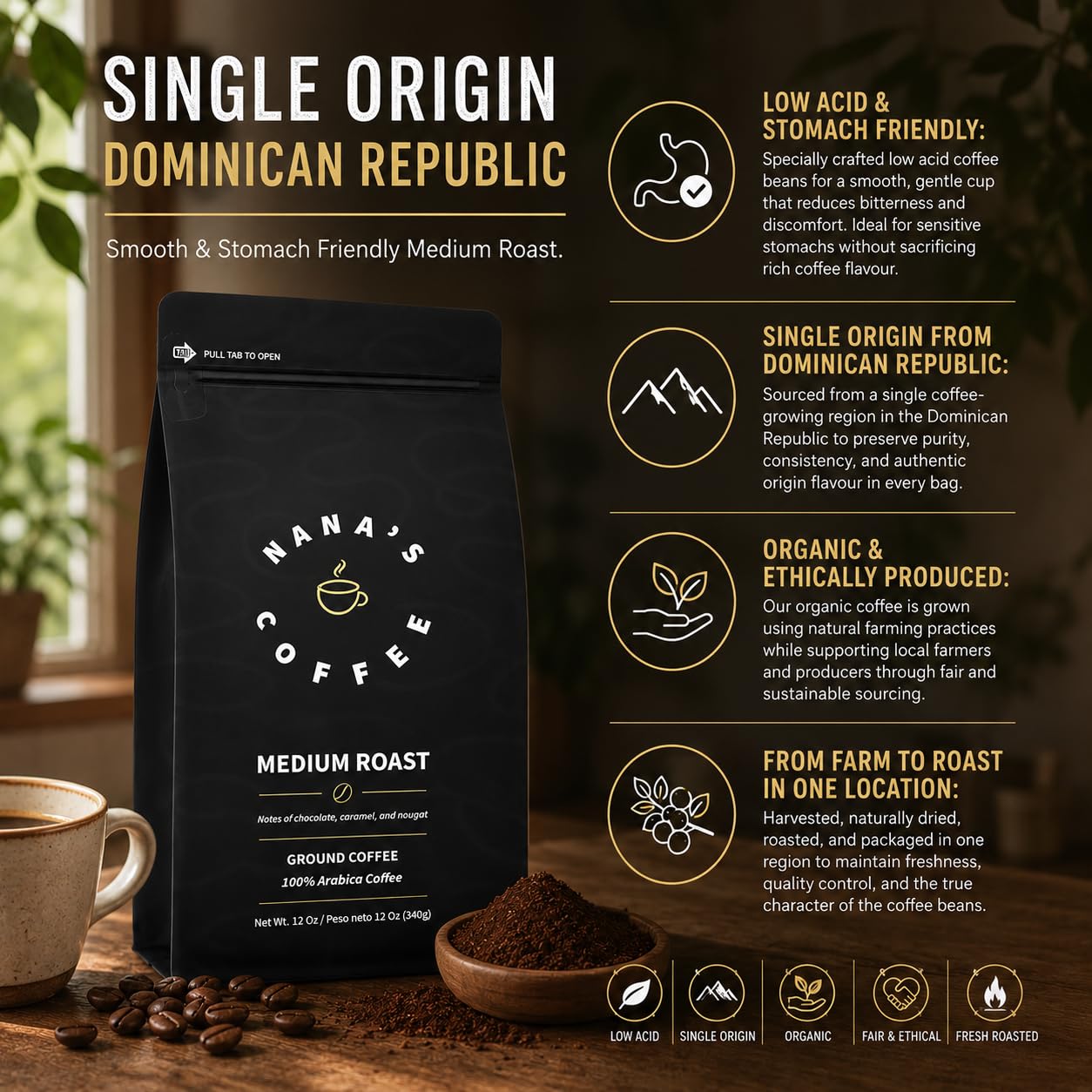 Nana's Coffee Low Acid Organic Ground Coffee 12 Oz - Single Origin Dominican Republic Medium Roast - Smooth & Stomach Friendly Specialty Coffee - 100%