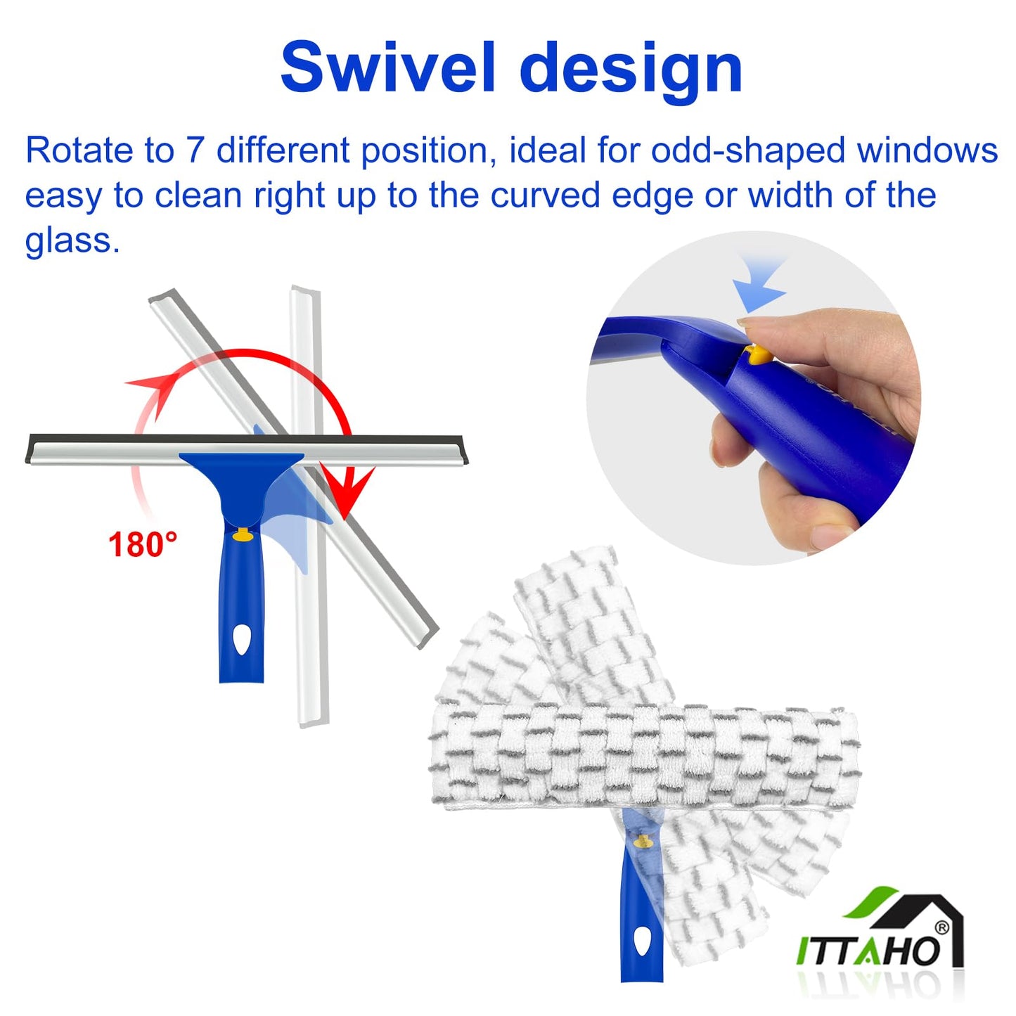 ITTAHO Window Squeegee with Extension Pole, Separate 12" Squeegee & 11" Microfiber Scrubber Heads, Window Cleaning Kit for Hard-to-Reach Windows