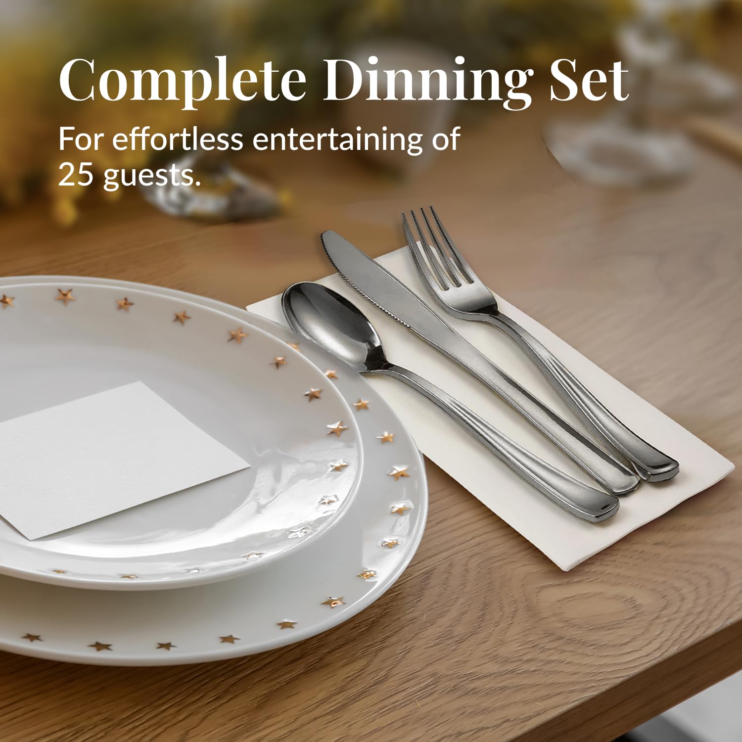 Prestee 25 Plastic Silverware Set, Pre-Rolled - 100pc Disposable Flatware with Forks, Knives, Spoons and White Napkins - Dinner Utensil Sets