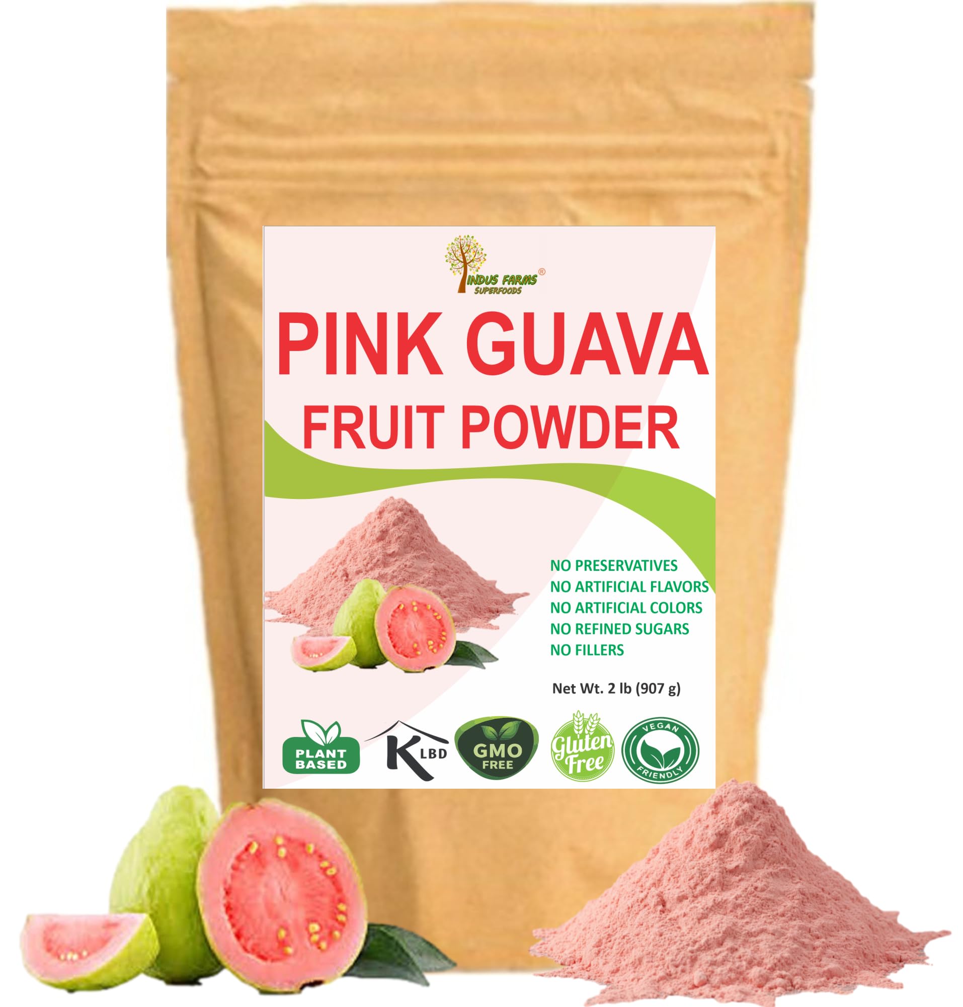 Indus Farms Pink Guava Fruit Powder - Natural Flavoring for Baking, Smoothies, Cookies, Macarons & Drinks | GMO-Free, Vegan, No Refined Sugars | 2 LB