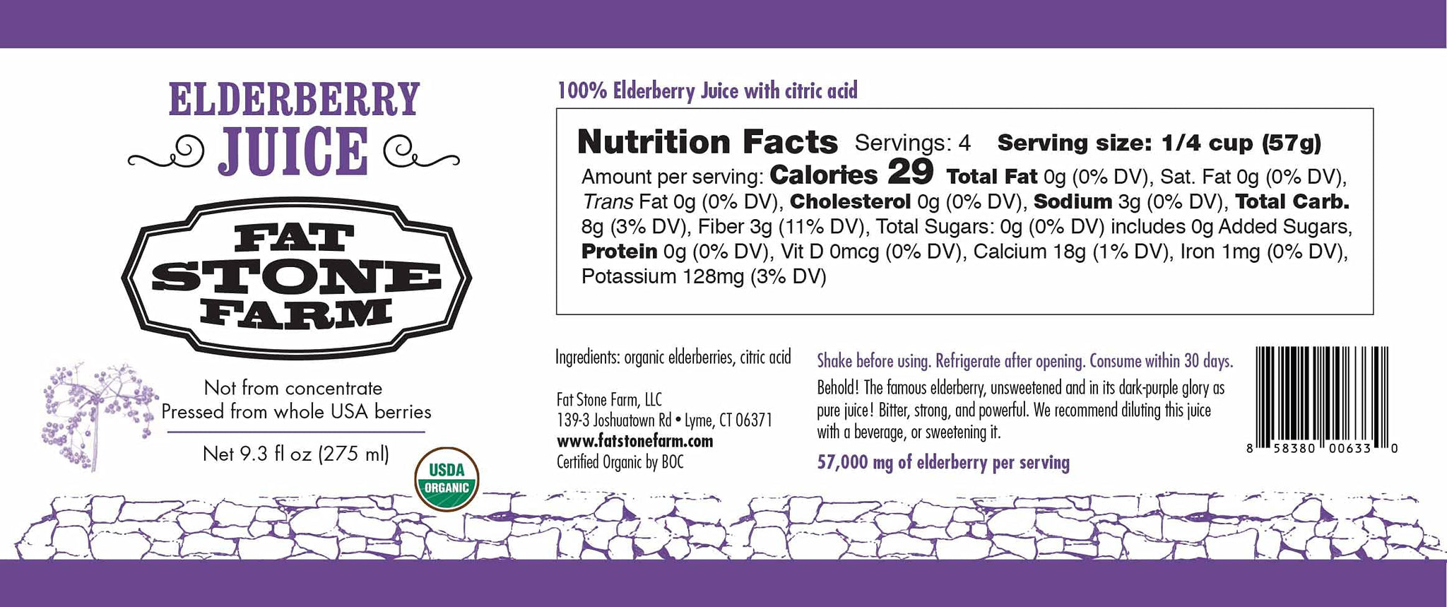 Fat Stone Farm Organic Elderberry Juice 2X 9.3 fl. oz (New)