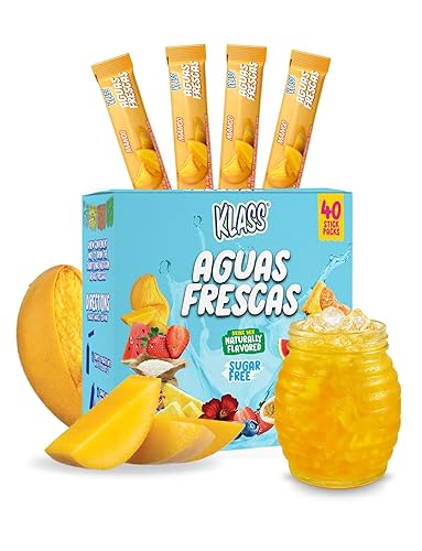 Klass Aguas Frescas, Powdered Drink Mix, 40 Singles Zero Sugar & Caffeine-Free Powder Packets, Water Drink Mix, Flavor: Mango - 5 Calories Per Packet