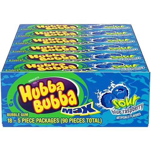 HUBBA BUBBA Bubble Gum, Sour Blue Raspberry, Chewing Gum Bulk, Sour Candy - 5 Pieces, Pack of 18