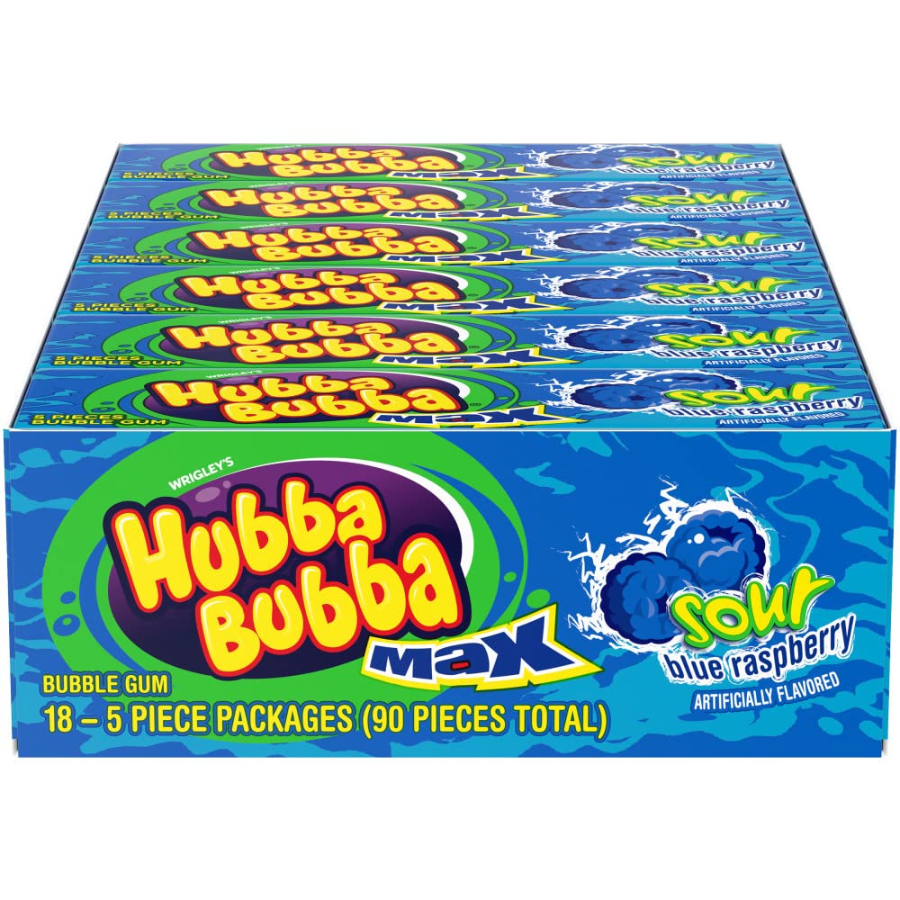 HUBBA BUBBA Bubble Gum, Sour Blue Raspberry, Chewing Gum Bulk, Sour Candy - 5 Pieces, Pack of 18