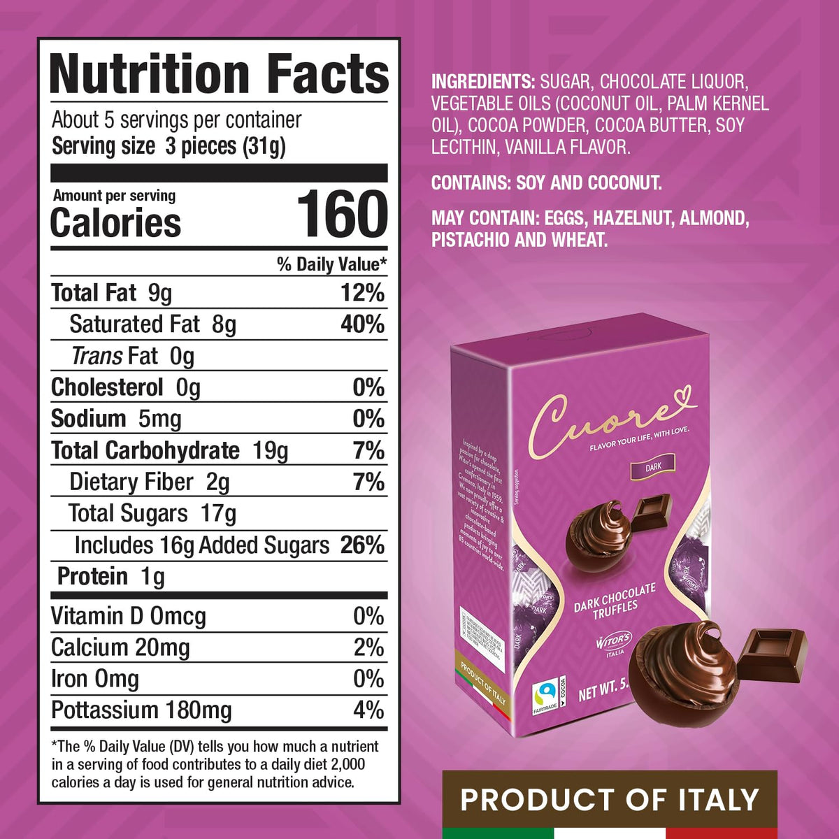 Witor's Cuore Chocolate Truffles, Italian Truffles, Dark Chocolate, 5.11oz