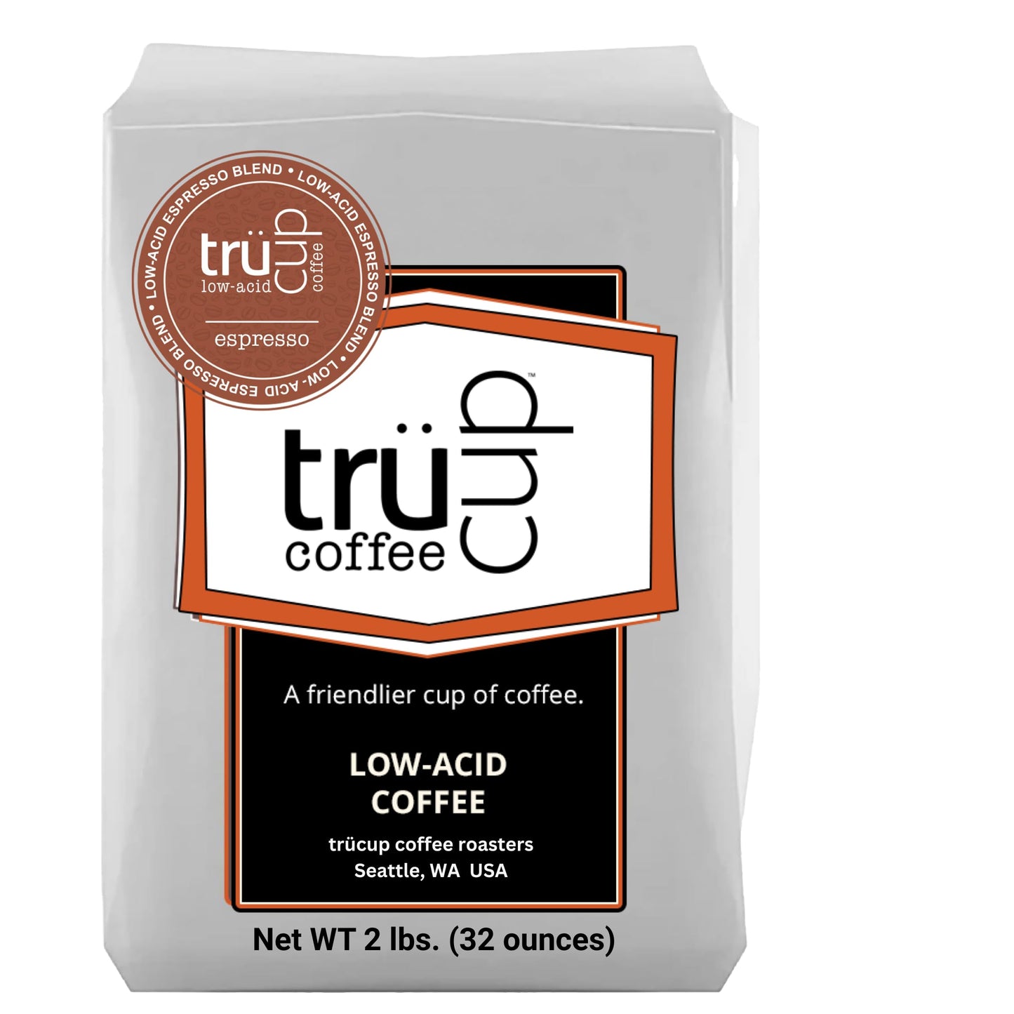 trücup Low Acid Coffee, Espresso Coffee Ground - Whole Bean 2 lb, Natural Water&Steam Process 60% Less Acid, Stomach-Friendly Rich in Antioxidants