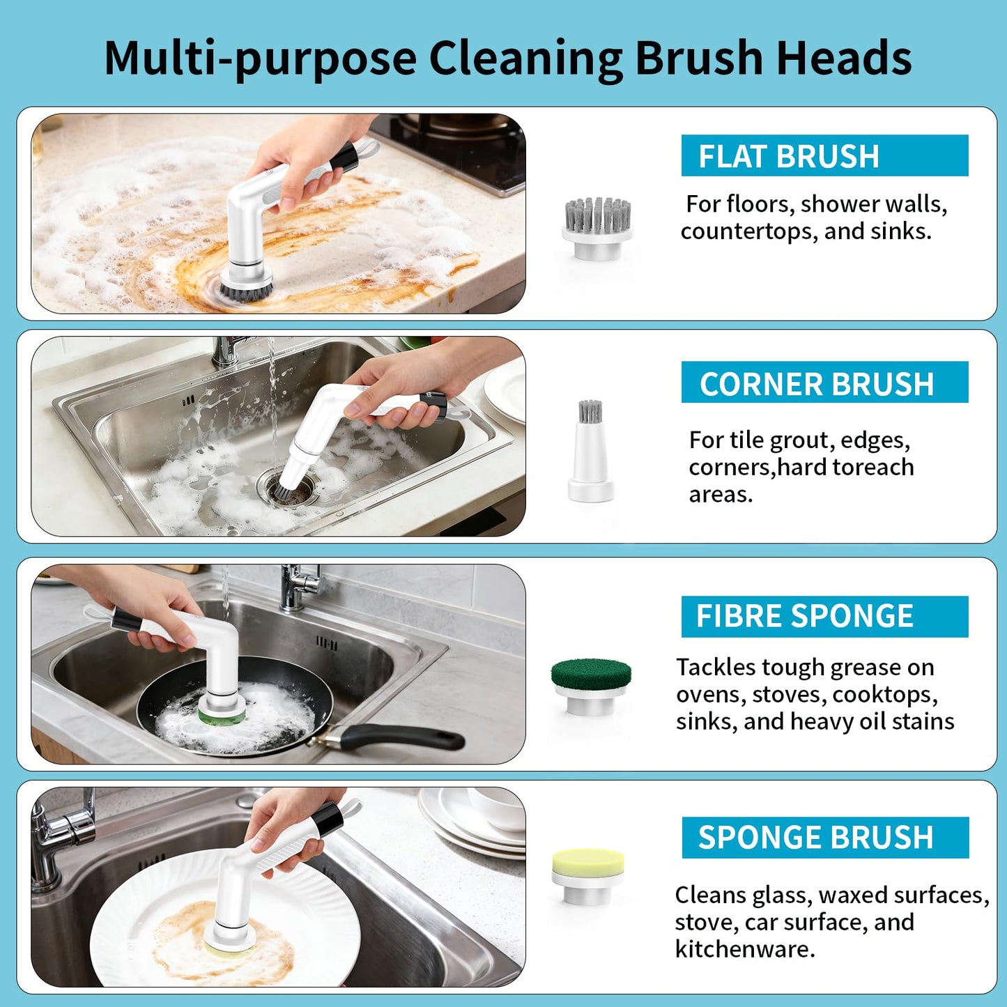 Electric Dish Scrubber, Mini Cordless Kitchen Cleaning Brush with 4 Replaceable Heads, 20W High-Torque Dual Speed, IPX7 Waterproof LED Display 90-120