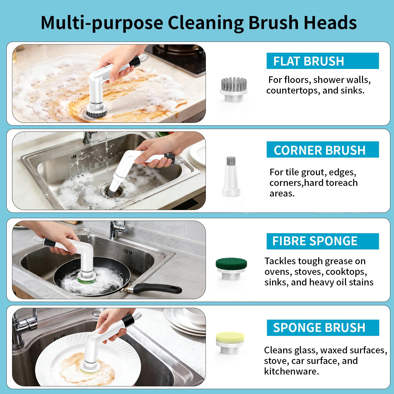 Electric Dish Scrubber, Mini Cordless Kitchen Cleaning Brush with 4 Replaceable Heads, 20W High-Torque Dual Speed, IPX7 Waterproof LED Display 90-120