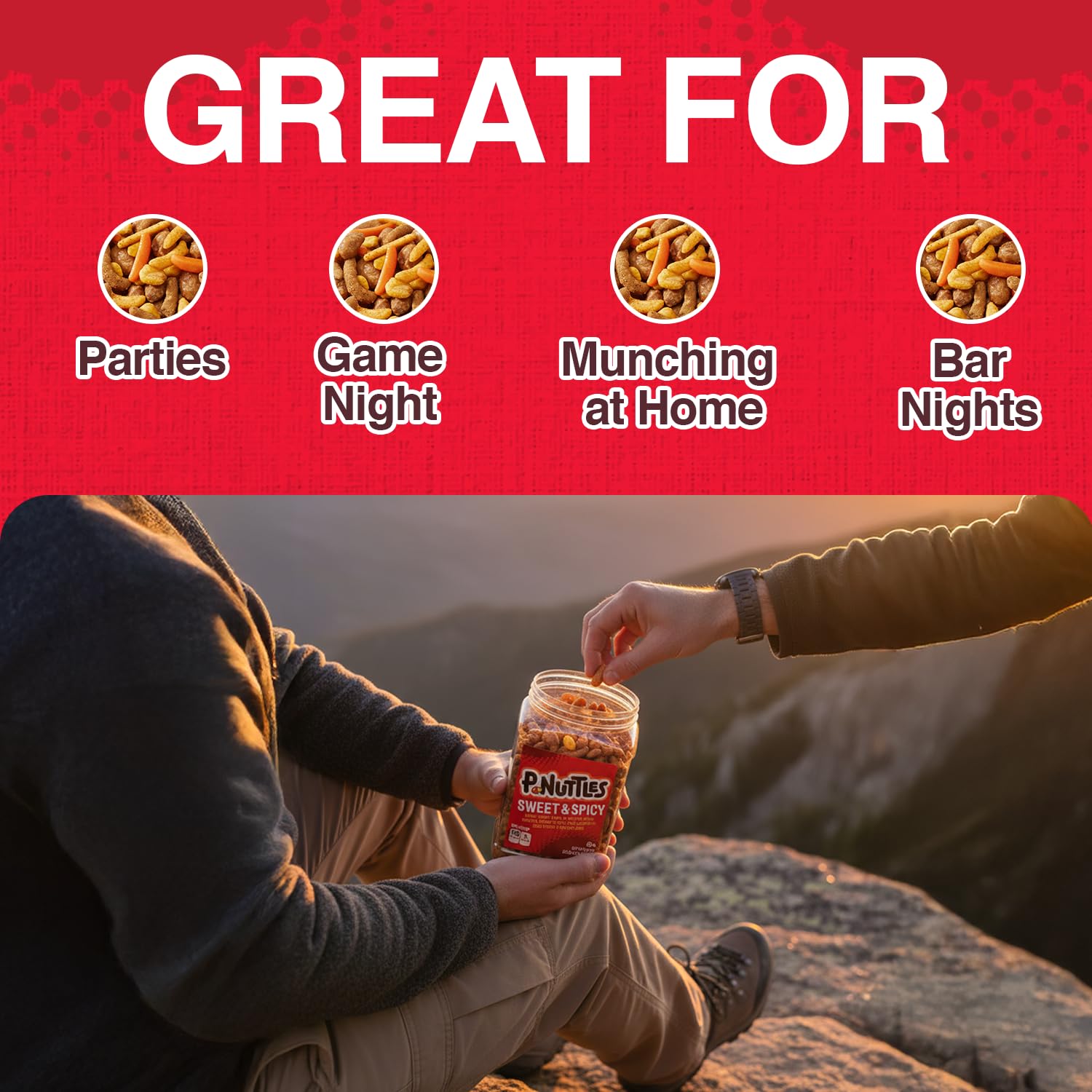 P-Nuttles Sweet & Spicy Snack Mix, 36 Oz Jar (Pack of 1) - Ideal Bar Mix - Butter Toffee Covered Peanuts with Sesame Sticks, Chili Crescents, Corn