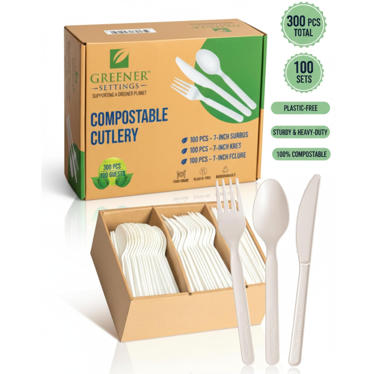 100% Compostable Cutlery Set - 300pc Disposable Forks, Spoons & Knives | Heavy-Duty 7" Plant-Based Utensils | Heat Resistant, Eco-Friendly Alternative