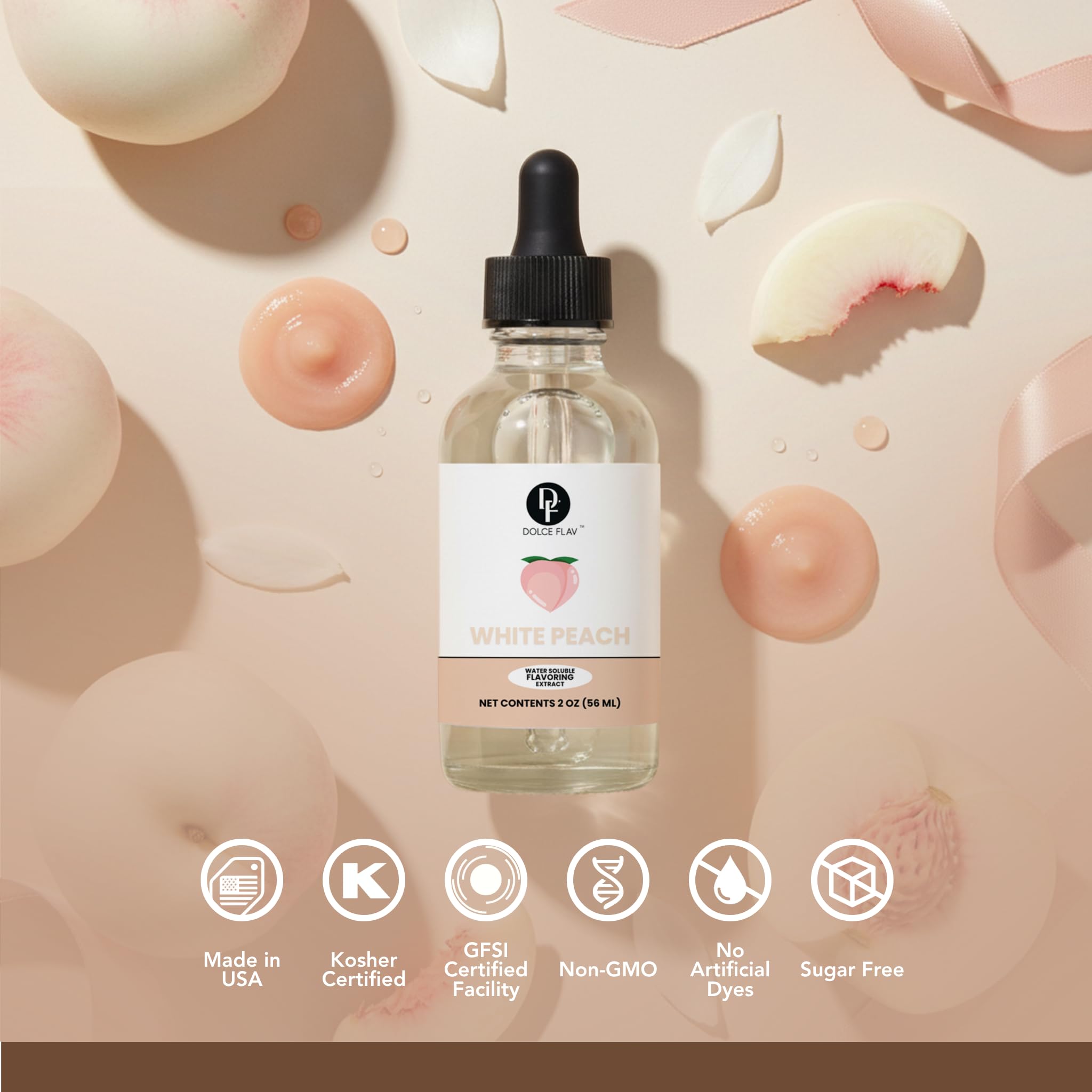 Dolce Flav Natural White Peach Extract 2 oz - Kosher, Sugar-Free, Concentrated Sweet White Peach Flavoring for Beverages, Desserts & Baking, Includes