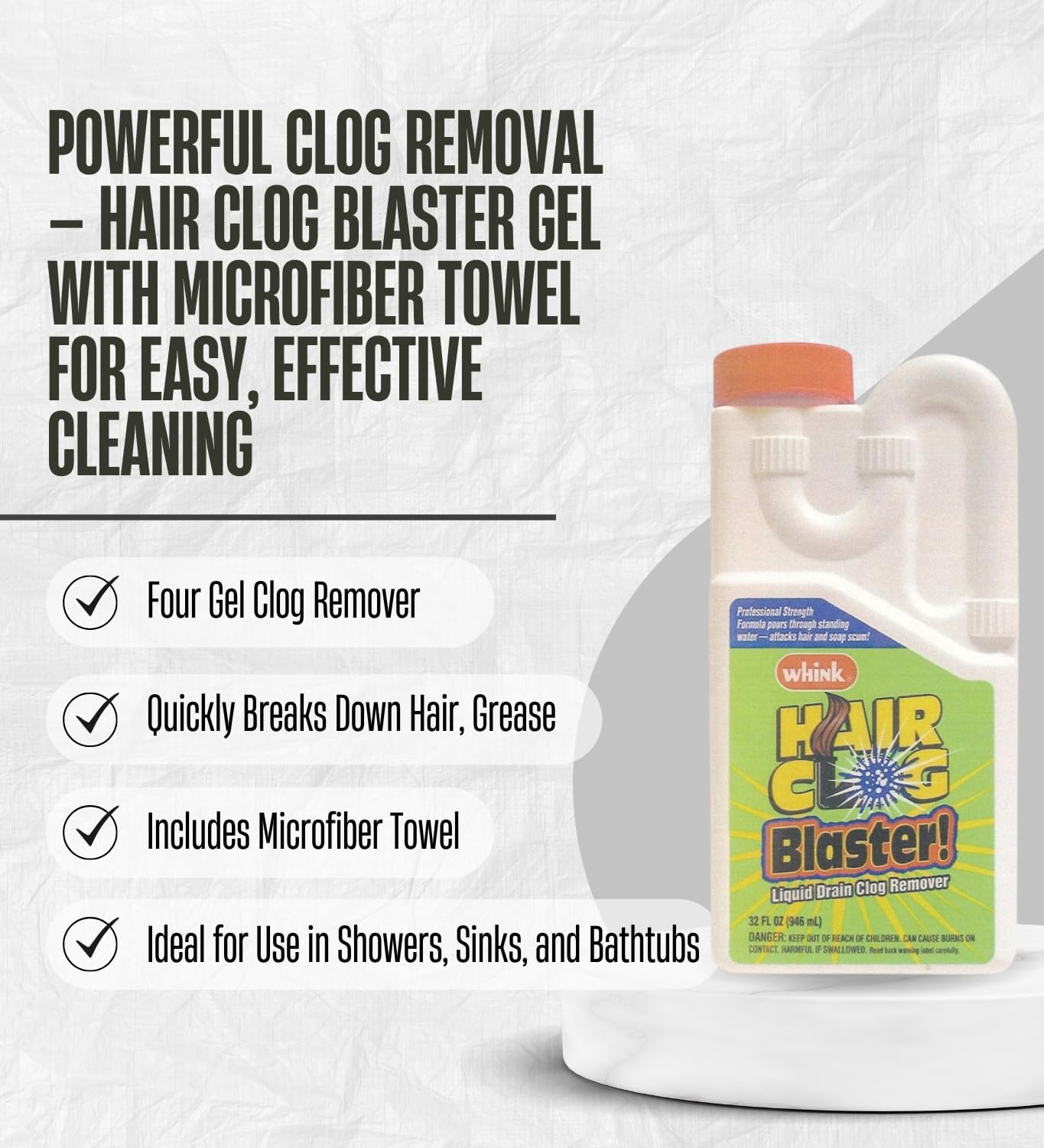 4x Whink Hair Clog Remover 32 oz Bundle with Microfiber Cloth - Hair Clogged Drain Remover - Shower Drain Cleaner for Bathroom and Septic Systems